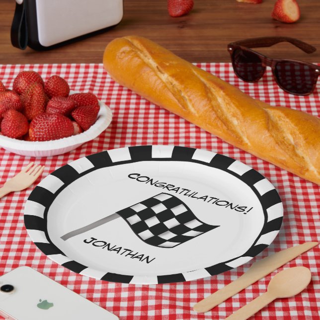 Black White Checkered Flag Race Name Personalized Paper Plates (Picnic)
