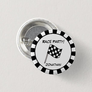 Black White Checkered Flag Race Party Name Badge Button
