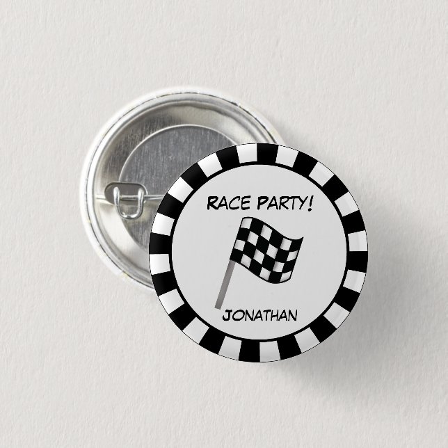 Black White Checkered Flag Race Party Name Badge Button (Front & Back)