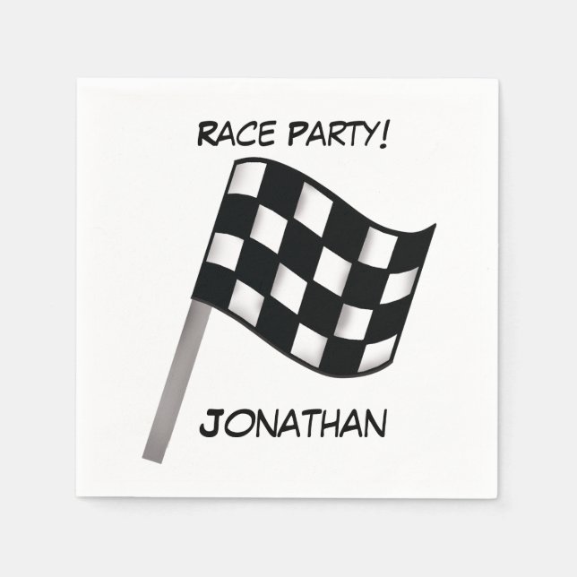 Black White Checkered Flag Race Party Name Napkins (Front)