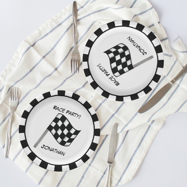 Black White Checkered Flag Race Party Name Paper Plates (Creator Uploaded)