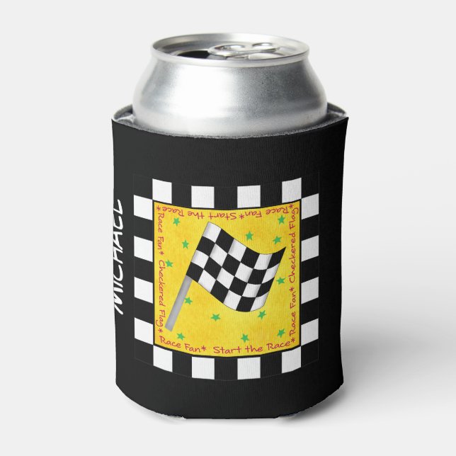 Black White Checkered Flag Race Yellow Name Can Cooler (Can Front)