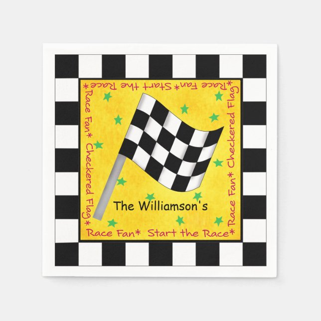 Black White Checkered Flag Waving Yellow Race Paper Napkins (Front)