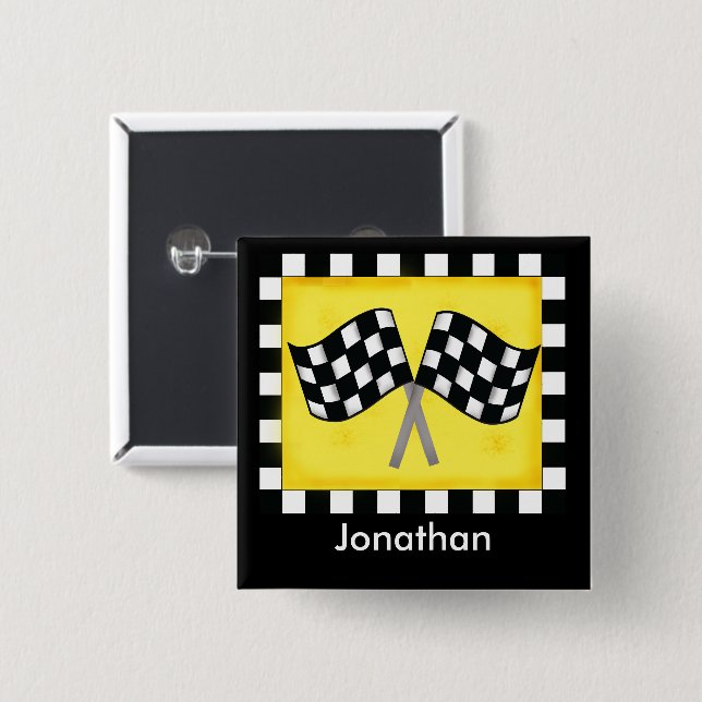 Black White Checkered Flag Yellow Name Badge Button (Front & Back)