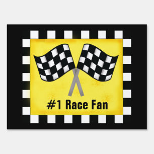 Black White Checkered Flag Yellow Race Fan Yard Sign