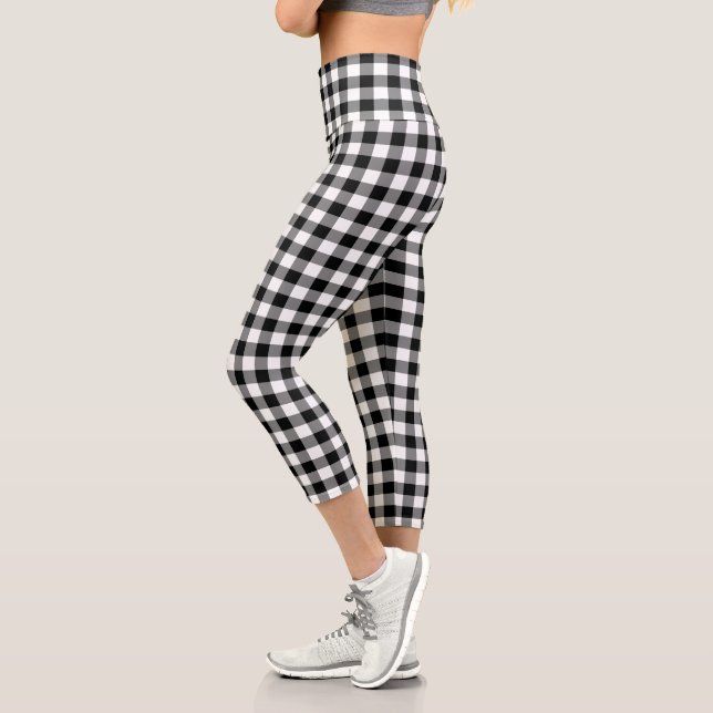 Black White Checkered Gingham Plaid Pattern Capri Leggings (Left)