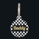 Black White Checkered Gold Dog Cat Name Modern Pet ID Tag<br><div class="desc">Create your own custom, personalized, bold faux gold rustic vintage western script / typography custom name at front and back, and retro cool chic stylish geometric trendy black white checkered chequered checks checkers pattern background, , durable, 100% recycled steel, pet dog cat doggy puppy kitten kitty ID name tag. Simply...</div>