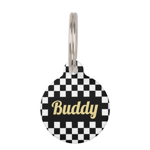 Black White Checkered Gold Dog Cat Name Modern Pet ID Tag