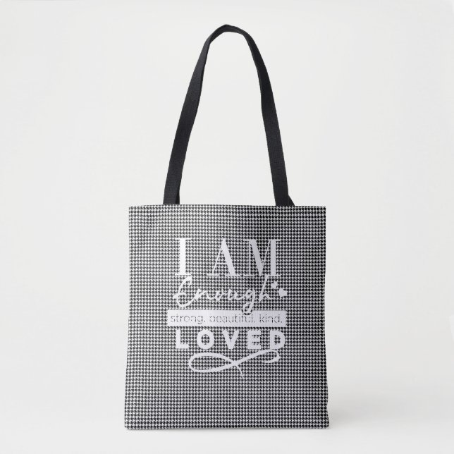 Black/White Checkered "I AM LOVED" tote Bag (Front)