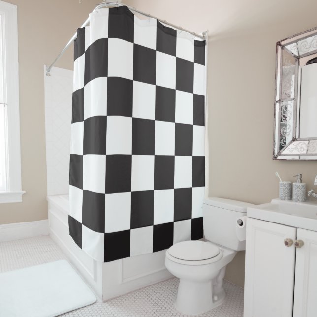 Black White Checkered Modern Pattern Shower Curtain (In Situ)