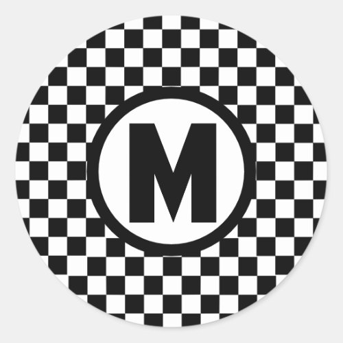 Black White Checkered Monogram Classic Round Sticker