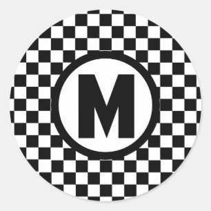 Black White Checkered Monogram Classic Round Sticker