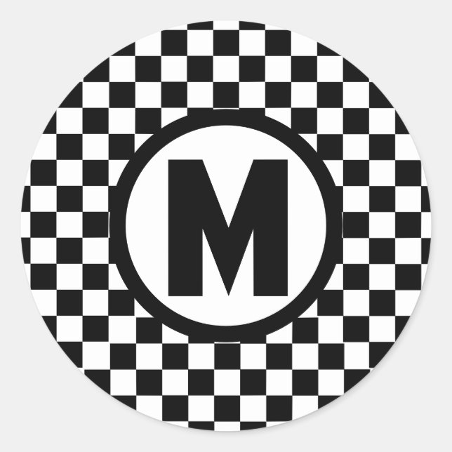 Black White Checkered Monogram Classic Round Sticker (Front)