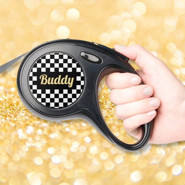 Black White Checkered Monogram Pet Lover Dog Owner Retractable Pet Leash (Black White Checkered Monogram Pet Lover Dog Owner Retractable Pet Leash)