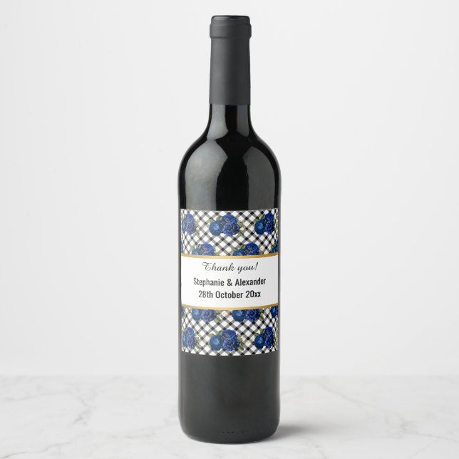 BLACK WHITE CHECKERED PATTERN FLORAL CUSTOM WINE LABEL (Front)