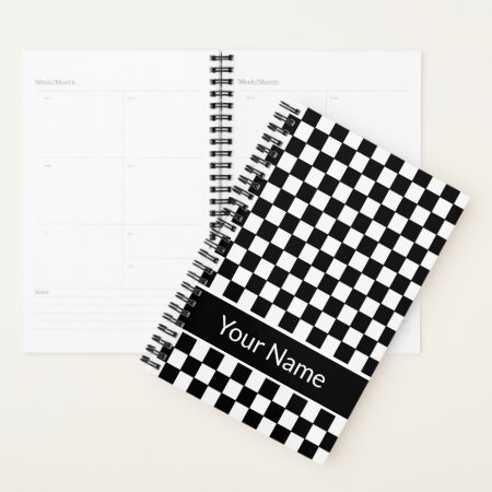 Black White Checkered Pattern Personalized Name Planner