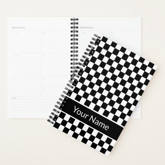 Black White Checkered Pattern Personalized Name Planner (Display)