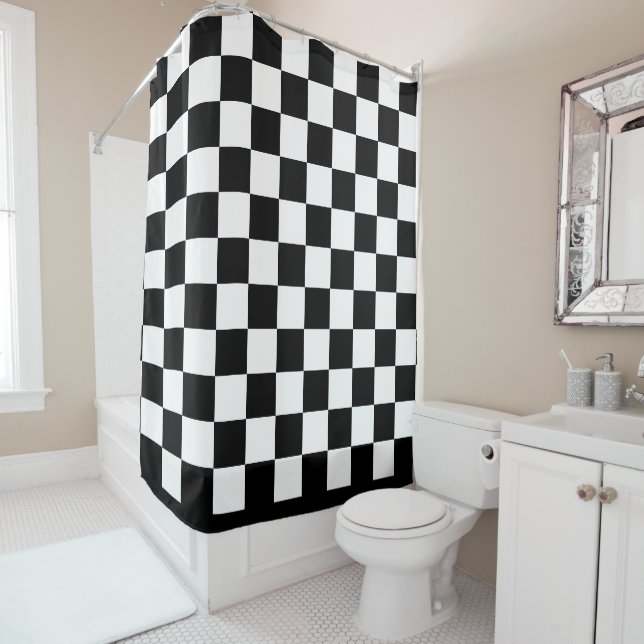 Black & White Checkered Pattern Shower Curtain (In Situ)