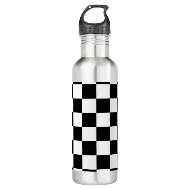Black & White Checkered Pattern Stainless Steel Water Bottle (Front)