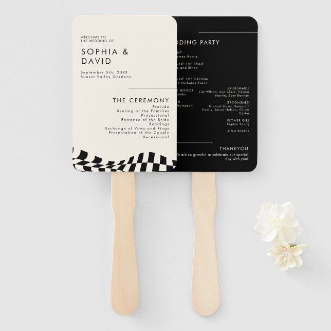 Black & white checkered pattern Wedding Program Hand Fan (Front and Back)
