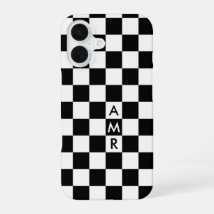 Black White Checkered Pattern with Monogram iPhone 16 Case