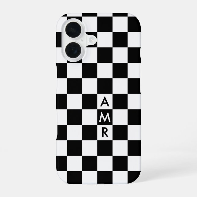 Black White Checkered Pattern with Monogram iPhone Case (Back)