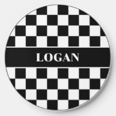 Black White Checkered Pattern with Name Wireless Charger (Front)