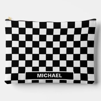 Black White Checkered Personalized Name Accessory Pouch by stdjura at Zazzle