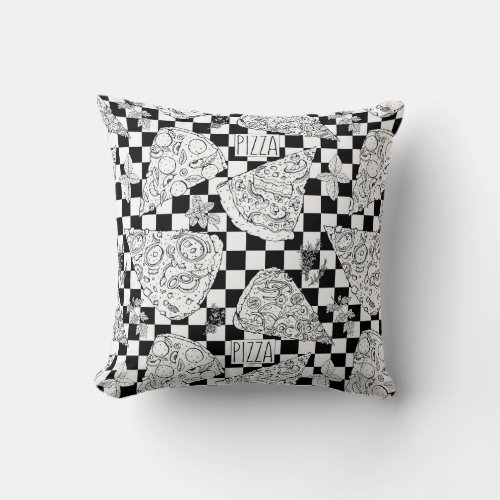 Black White Checkered Pizza Slices Herbs Sketch Throw Pillow