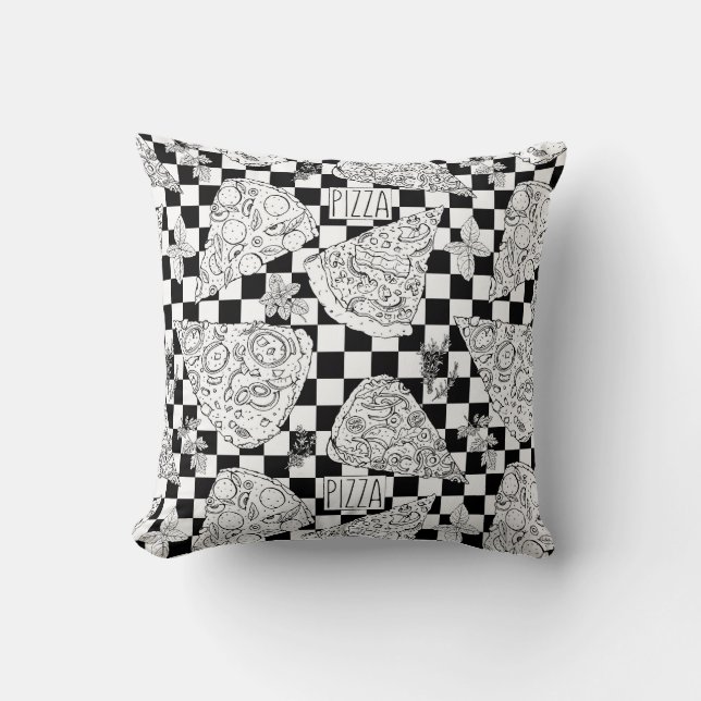 Black White Checkered Pizza Slices Herbs Sketch Throw Pillow (Front)