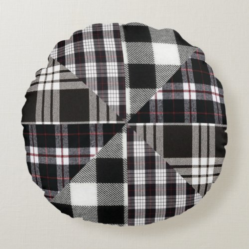 Black White Checkered Plaid Rustic Farmhouse Round Pillow