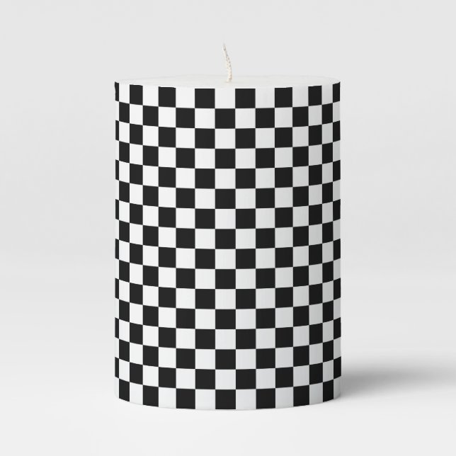 Black & White Checkered Print Pillar Candle (Front)