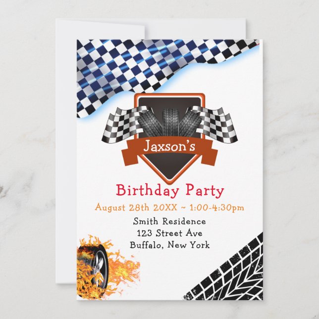 Black White Checkered Racing Flag Birthday Party Invitation (Front)