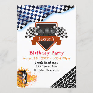 Black White Checkered Racing Flag Birthday Party Invitation