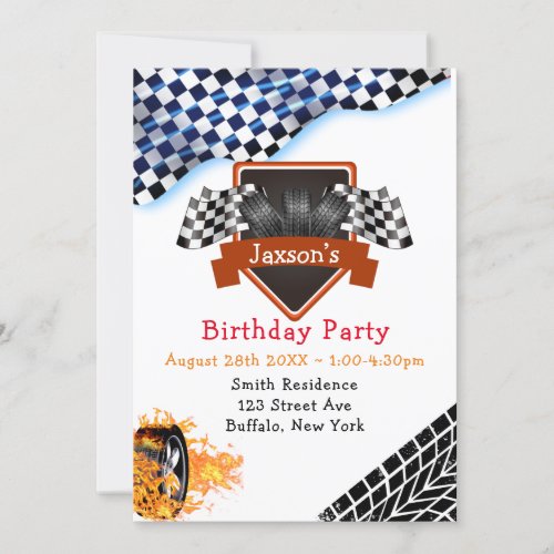 Black White Checkered Racing Flag Birthday Party Invitation