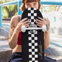 Black White Checkered Racing Flag Gold Monogram Skateboard