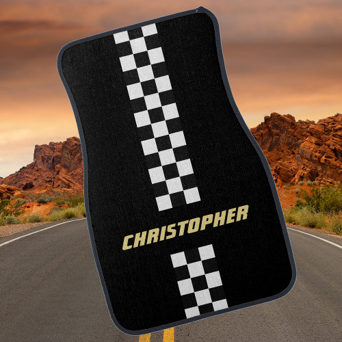 Black White Checkered Racing Flag Gold Monogrammed Car Floor Mat