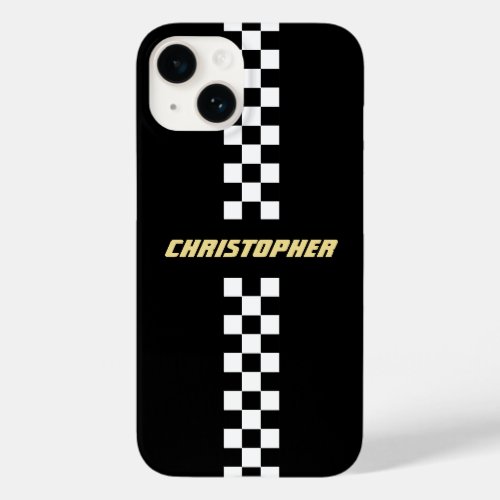 Black White Checkered Racing Flag Gold Monogrammed Case_Mate iPhone 14 Case