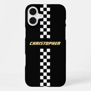 Black White Checkered Racing Flag Gold Monogrammed iPhone 16 Plus Case