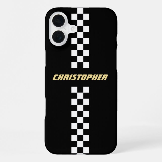 Black White Checkered Racing Flag Gold Monogrammed iPhone Case (Back)