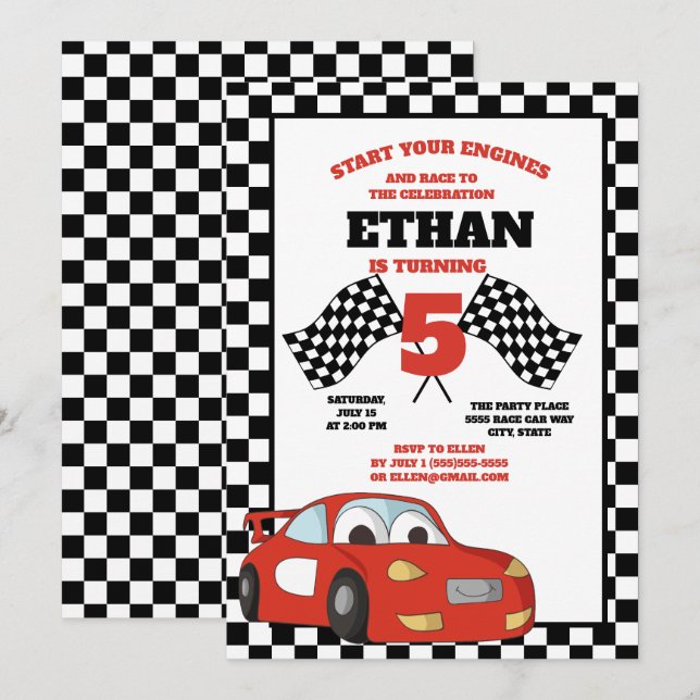 Black White Checkered Red Race Car Birthday Party Invitation (Front/Back)