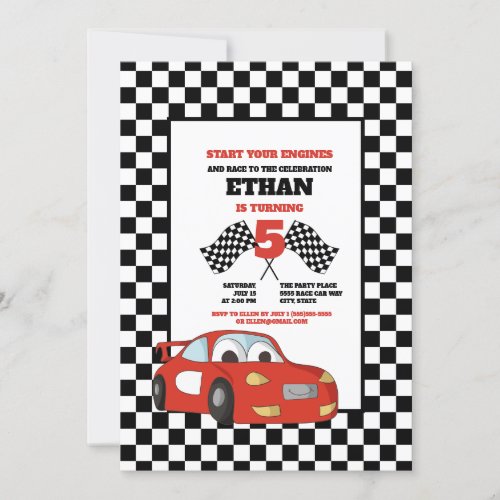Black White Checkered Red Race Car Birthday Party Invitation