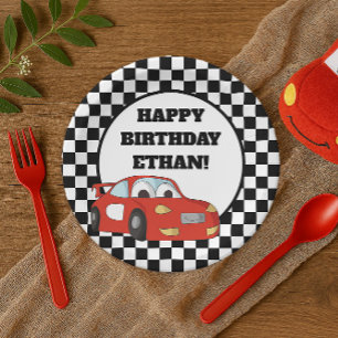 Black White Checkered Red Race Car Birthday Party Paper Plates