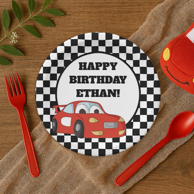Black White Checkered Red Race Car Birthday Party Paper Plates (Red race car little boy's birthday party paper plate)