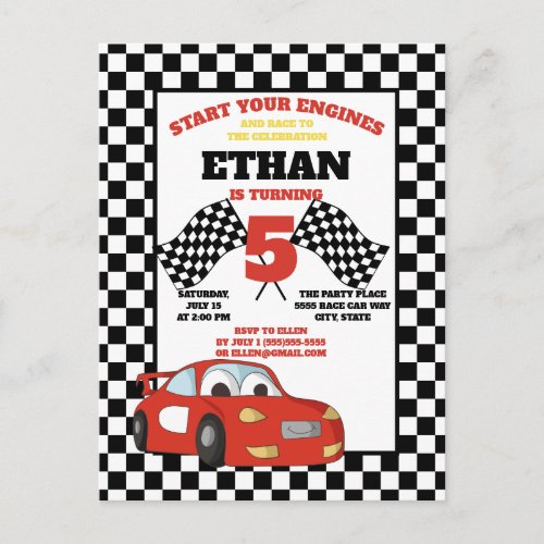 Black White Checkered Red Racecar Childs Birthday Postcard