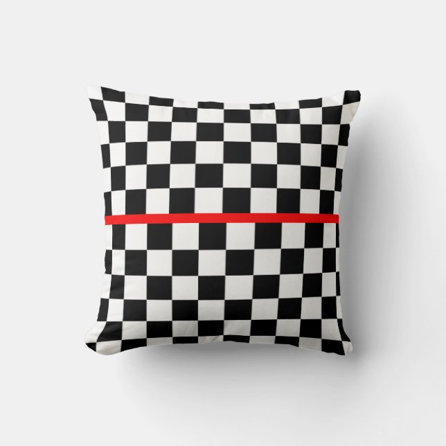 Black White Checkered Red Stripe Throw Pillow (Front)