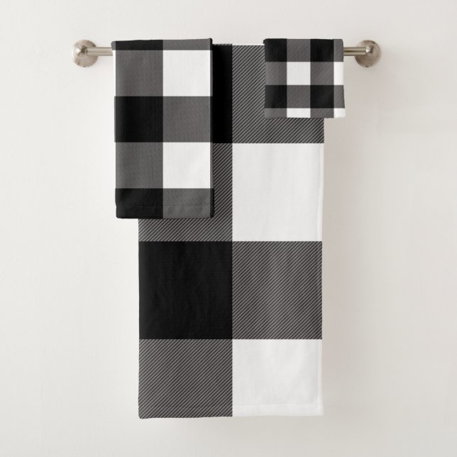 Black & White Checkered Squares Buffalo Plaid Bath Towel Set (Insitu)