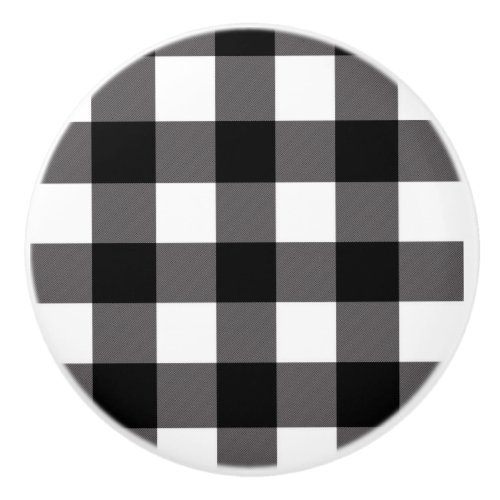 Black  White Checkered Squares Buffalo Plaid Ceramic Knob