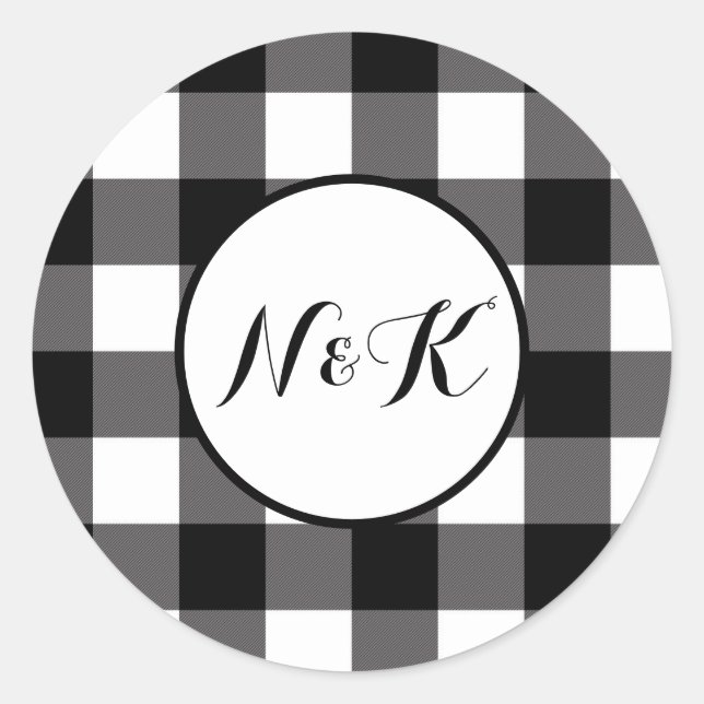 Black & White Checkered Squares Buffalo Plaid Classic Round Sticker (Front)