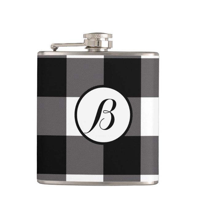 Black & White Checkered Squares Buffalo Plaid Flask (Front)